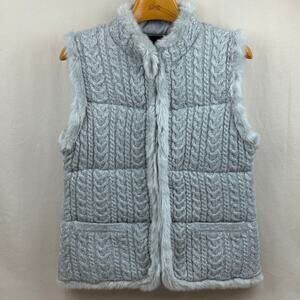 Talbots Faux Fur Trim Metallic Cable Sweater Vest, Silver Grey Size Medium